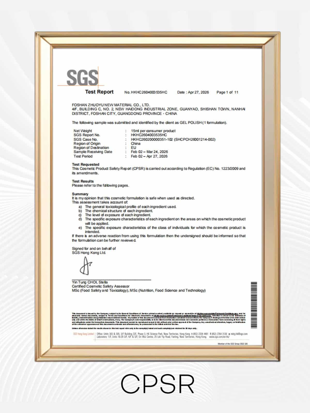 CPSR — Cosmetic Product Safety Report (SGS)