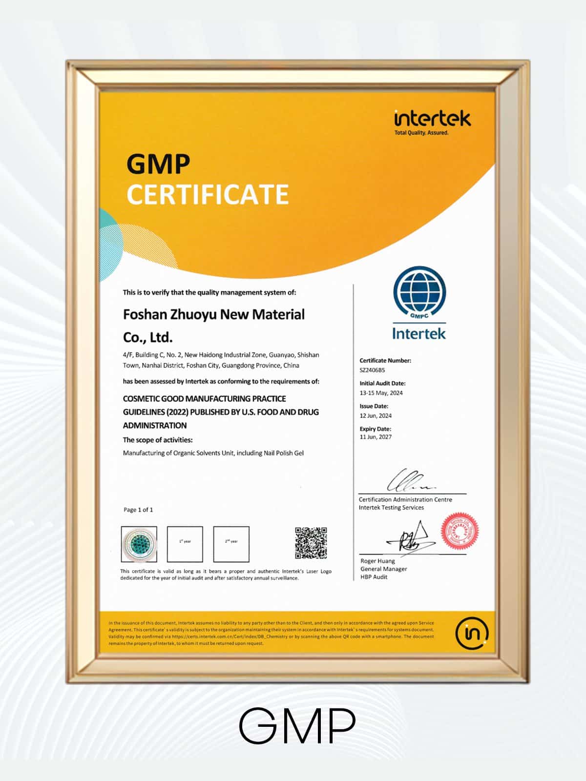GMP Certificate — Cosmetic GMP (Intertek)